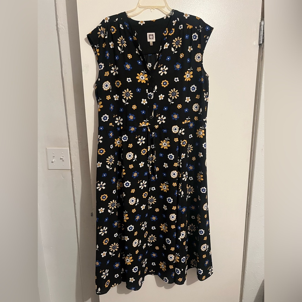 Anne Klein Black Floral A-Line Dress with Blue and Gold Flowers